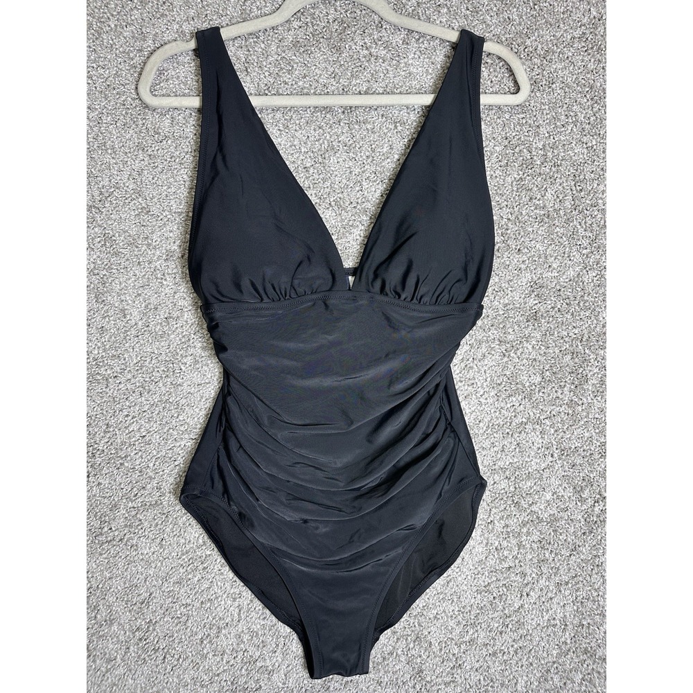J.Crew Black Ruched One Piece Swimsuit Plunge V Neck Size M
